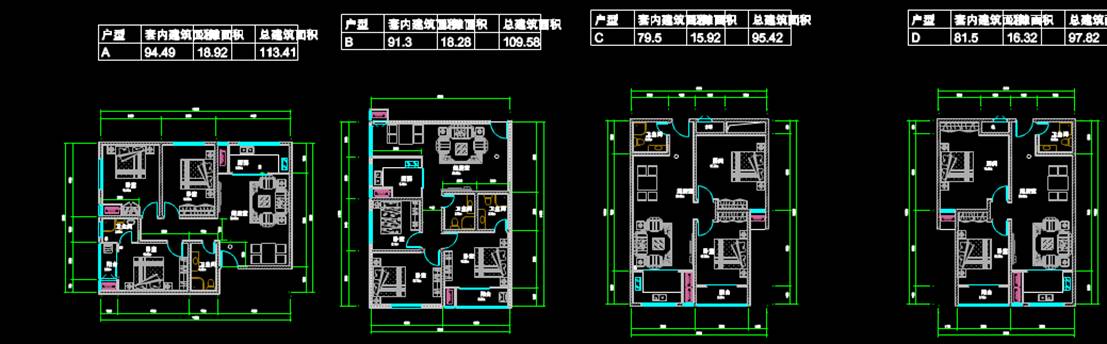 一梯四户建筑CAD建筑设计户型图